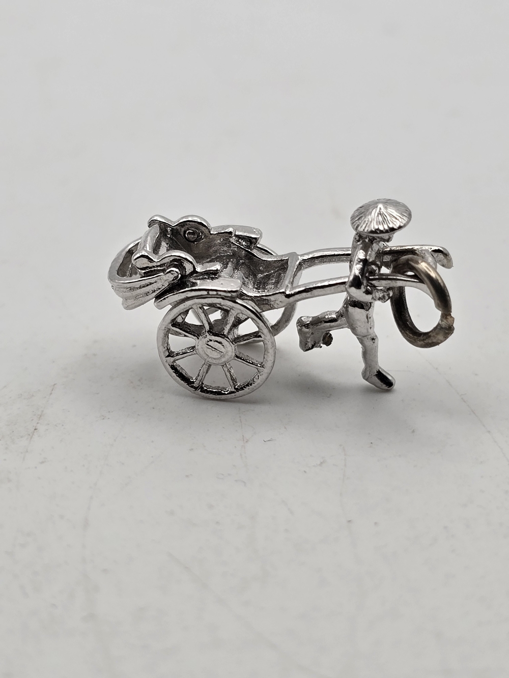 Sterling Silver Moveable Rickshaw Man Pulling Cart Charm